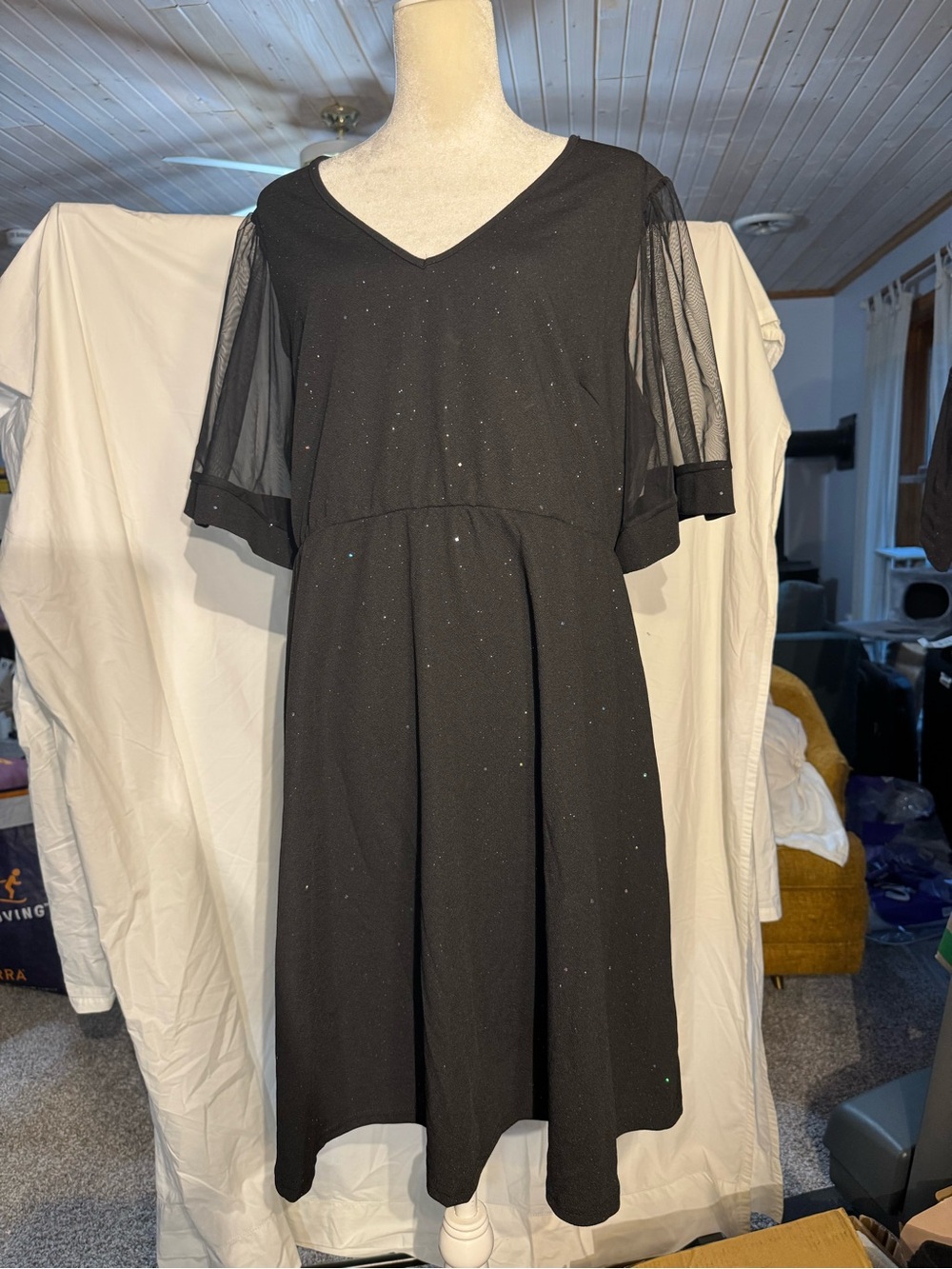 Black V-Neck Glitter Fit & Flare Dress